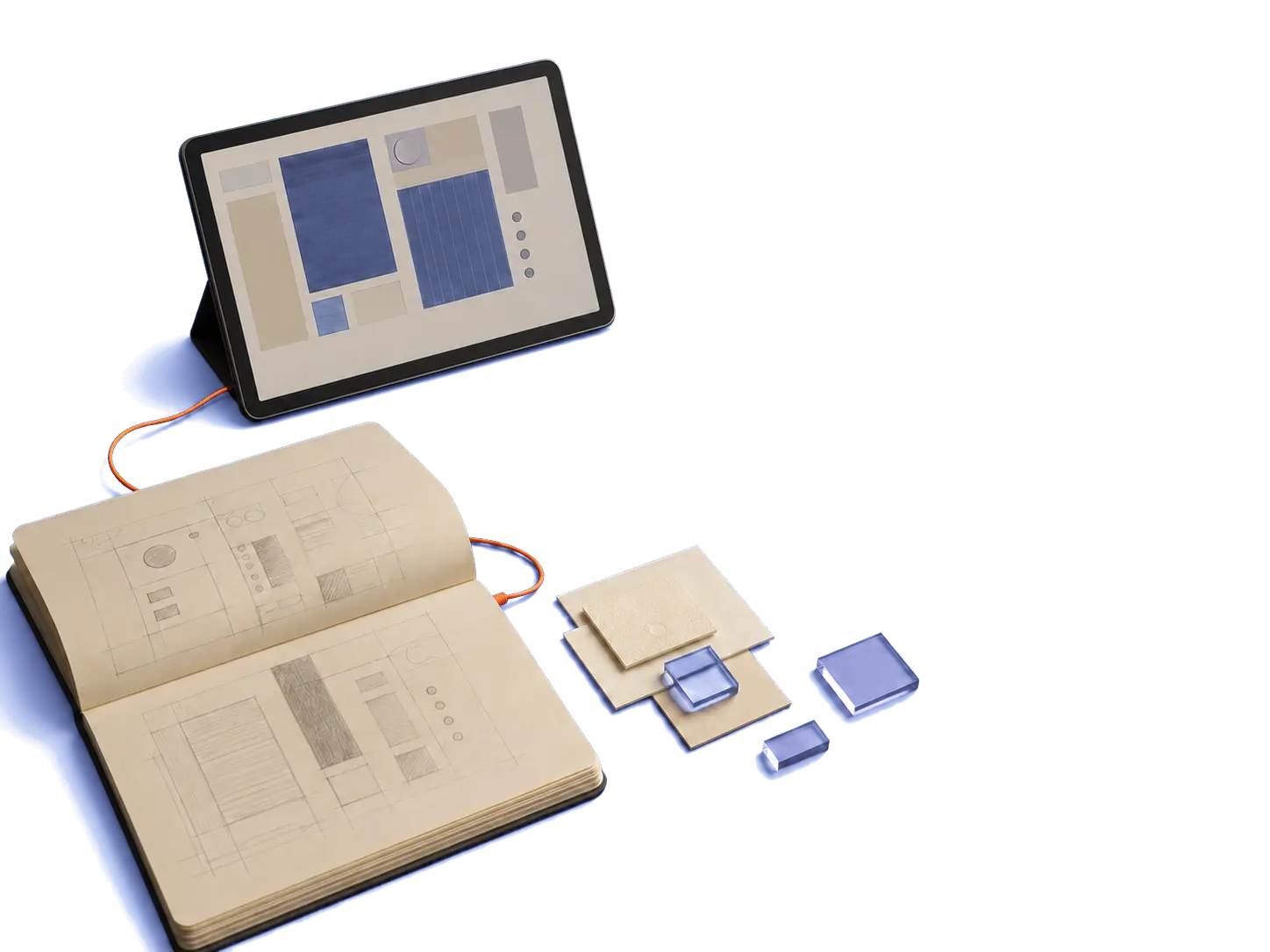 Un boceto, una interfaz y distintas piezas de diseño dando forma a una idea de software